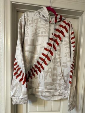 White Hoodie with Red Baseball Stitch Graphic